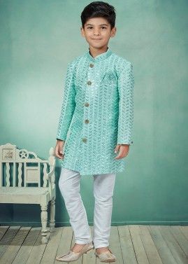 Turquoise Embroidered Readymade Kids Sherwani Set