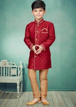 Red Readymade Woven Kids Indo Western