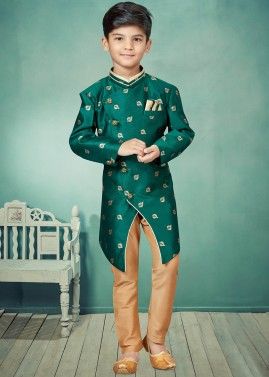 Green Readymade Woven Kids Indo Western