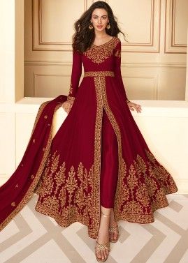 Maroon Embroidered Front Slit Pant Salwar Suit With Dupatta