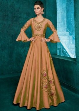 Brown Embroidered Readymade  Art Silk Gown