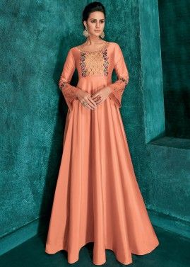 Peach Readymade Embroidered Gown In Art Silk