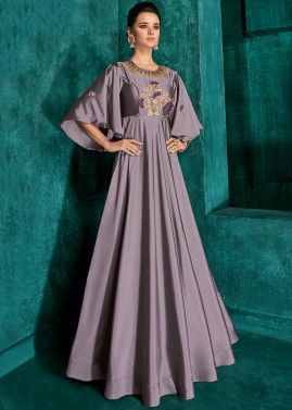 Purple Readymade Art Silk Gown In Embroidery