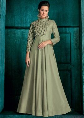 Sage Green Embroidered Readymade Gown