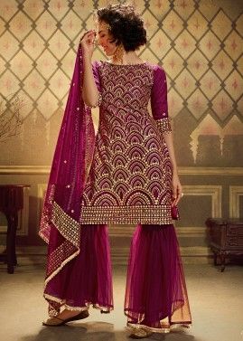 Magenta Embroidered Net Pakistani Gharara Suit