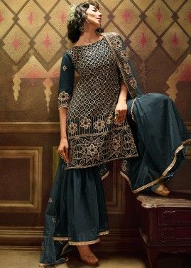 Teal Blue Net Embroidered Gharara Suit With Dupatta