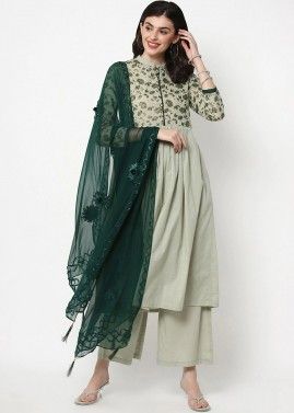 Green Readymade Cotton Floral Printed Palazzo Suit