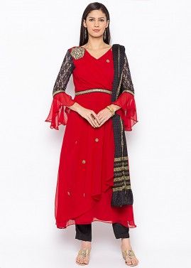 Red Asymmetric Layered Readymade Pant Salwar Suit