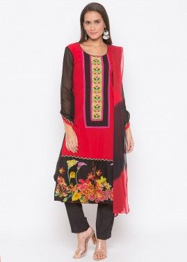 Red Readymade Floral Printed Border Pant Salwar Suit