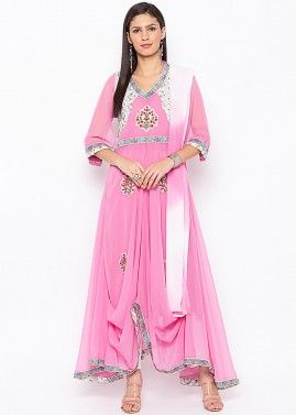 Pink Readymade Asymmetric Cowl Style Pant Salwar Suit