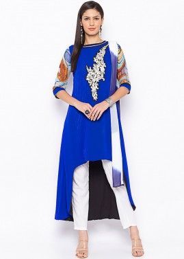 Blue Embroidered Asymmetric Readymade Pant Salwar Suit