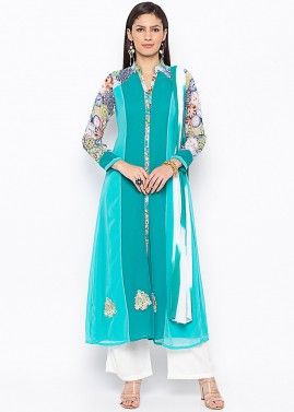 Turquoise Readymade Georgette Slit Style Palazzo Suit