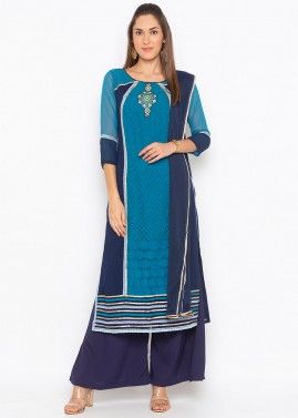 Blue Embroidered Paneled Readymade Palazzo Suit