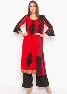 Red Embroidered Readymade Bell Sleeved Palazzo Suit