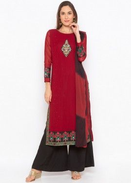 Maroon Embroidered Readymade Straight Cut Palazzo Suit