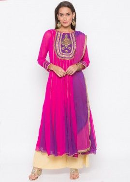 Pink and Purple Readymade Embroidered Anarkali Suit