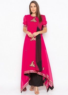 Pink Embroidered Asymmetric Readymade Palazzo Suit