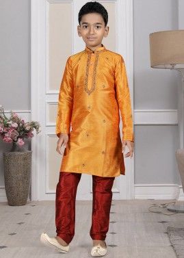 Readymade Orange Color Art Silk Kids Kurta Pajama