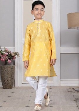 Readymade Yellow Color Brocade Kids Kurta Pajama