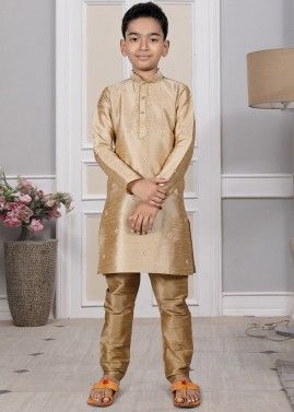 Readymade Golden Color Art Silk Kids Kurta Pajama