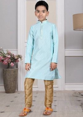 Readymade Turquoise Color Art Silk Kids Kurta Pajama