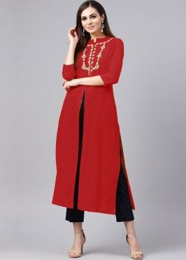 Readymade Red Slit Style Long Kurta With Pant