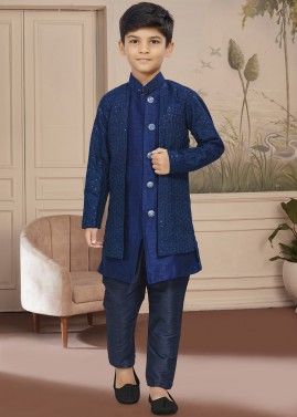 Blue Readymade  Kids Sherwani Set In Jacket Style