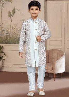 White Readymade Embroidered Kids Jacket Style Sherwani Set