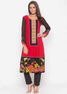Red Readymade Floral Printed Border Kurta With Pant