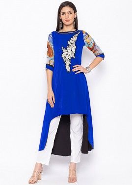 Blue Embroidered Asymmetric Kurta With Pant