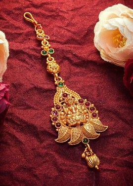 Stone Studded and Embossed Golden Traditional Maang Tikka