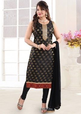 Black Woven Readymade Salwar Suit With Dupatta