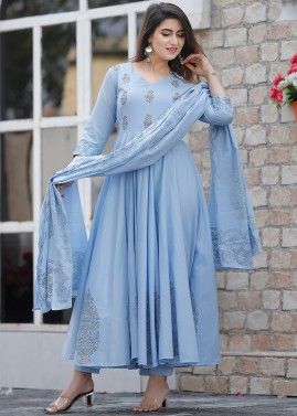 Blue Floral Block Printed Readymade Anarkali Suit