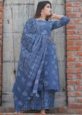 Readymade Blue Block Printed Slit Style Palazzo Suit