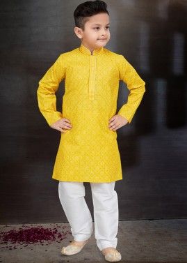 Yellow Readymade Kids Printed Kurta Pajama
