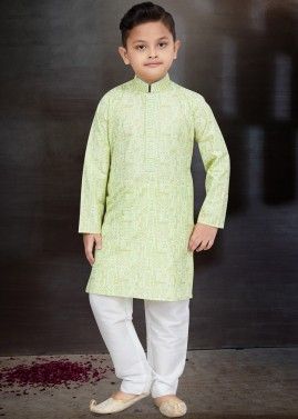 Readymade Green Cotton Printed Kids Kurta Pajama