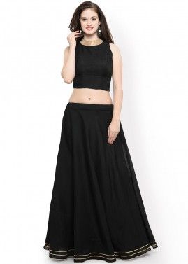 Black Dupion Silk Readymade Top Skirt Set