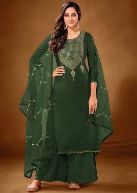 Green Embroidered Straight Cut Palazzo Suit