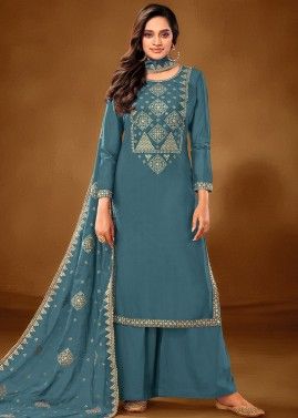 Blue Cotton Embroidered Palazzo Suit With Dupatta