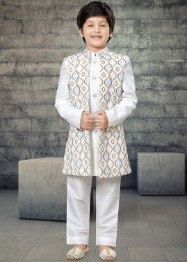 White Readymade Wove Long Jacket Kids Sherwani In Art Silk