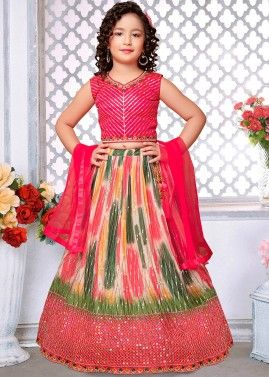 Multicolor Readymade Embroidered Kids Lehenga Suit In Chiffon