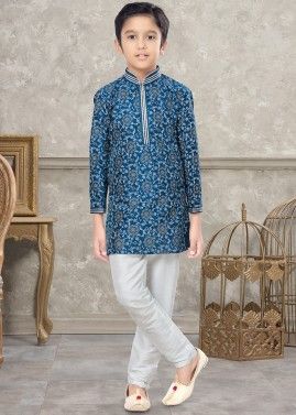 Blue Dupion Silk Kurta Pajama In Digital Print
