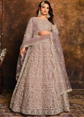 Rose Pink Net Embroidered Anarkali Suit With Dupatta