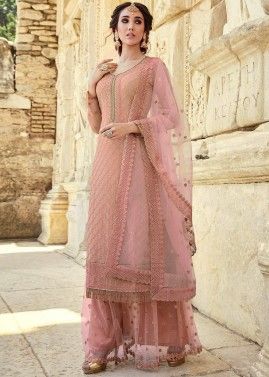 Pink Straight Cut Embroidered Palazzo Suit With Dupatta