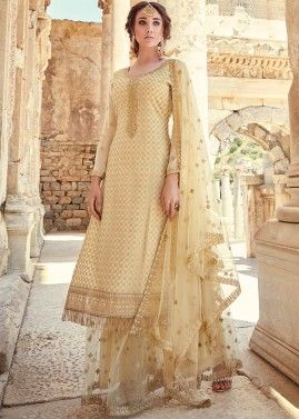 Cream Straight Cut Embroidered Palazzo Suit With Dupatta