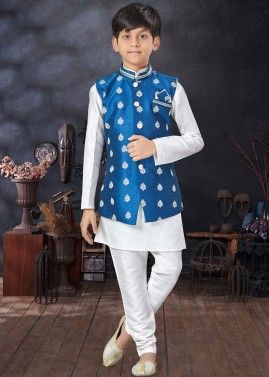 White Plain Dupion Silk Kids Sherwani In Nehru Jacket
