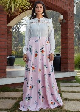 White Cotton Frilled Top With Printed Long Skirt