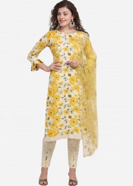 Off White Floral Printed Cotton Pant Salwar Suit
