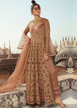 Beige Embroidered Bell Sleeved Slit Style Pant Suit