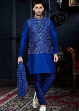 Readymade Blue Art Silk Kurta Set With Nehru Jacket